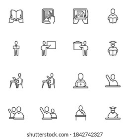 Back to school line icons set, education outline vector symbol collection, linear style pictogram pack. Signs, logo illustration. Set includes icons as book reading, teacher, graduate student, ebook