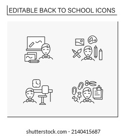 Back to school line icons set. Happy schoolboy ready to study. School subjects. Education concept. Isolated vector illustrations. Editable stroke