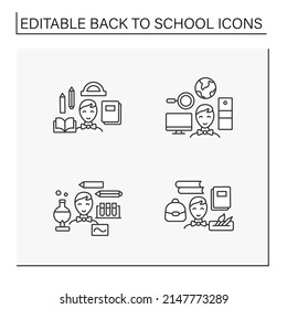 Back to school line icons set. Happy schoolboy ready to study. Geography, chemistry and draw lessons. Education concept. Isolated vector illustrations. Editable stroke
