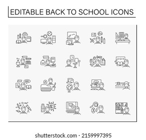 De vuelta a los iconos de la línea escolar. Feliz escolar listo para estudiar. Temas escolares. Concepto de educación. Ilustraciones vectoriales aisladas. Trazo editable