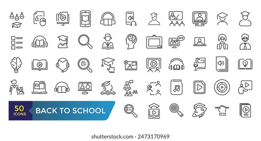 Back to school line icons set. related to education, learning, school. Collection and pack of linear web and ui icons. Editable stroke. Vector illustration