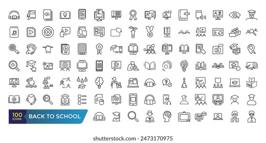 Back to school line icons set. related to education, learning, school. Collection and pack of linear web and ui icons. Editable stroke. Vector illustration