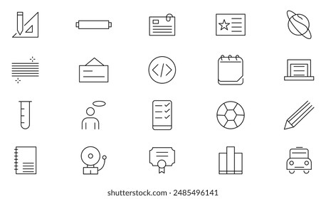 Back to school line icons set. Education, learning, school, online school, outline education, graduation, study, lesson, book, telescope, backpack and bus outline icon collection.