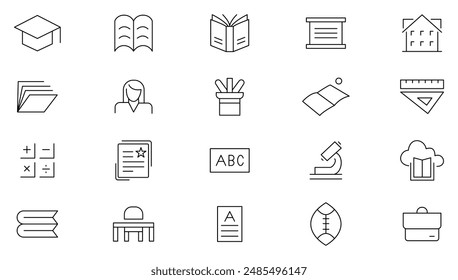 Back to school line icons set. Education, learning, school, online school, outline education, graduation, study, lesson, book, telescope, backpack and bus outline icon collection.