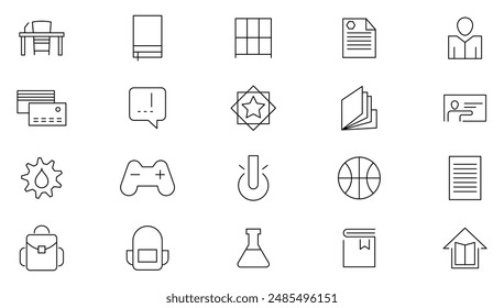 Back to school line icons set. Education, learning, school, online school, outline education, graduation, study, lesson, book, telescope, backpack and bus outline icon collection.