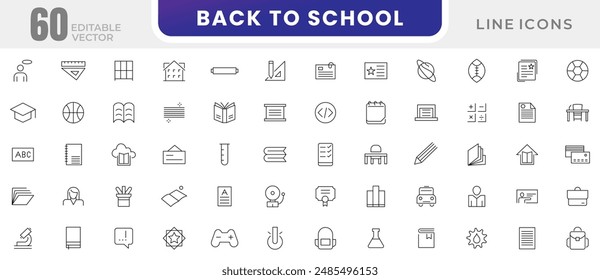 Back to school line icons set. Education, learning, school, online school, outline education, graduation, study, lesson, book, telescope, backpack and bus outline icon collection.