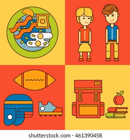 Back to school line icons set concept isolated on different backgrounds. Breakfast, friends, football objects, backpack and books. Flat design, good colors. 