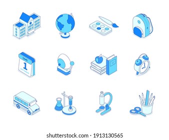 Back to school - line isometric icons set with blue color filling. Education concept. Schoolbag, globe, brush and paints, calendar, alarm clock, supplies. Literature, biology and chemistry subjects