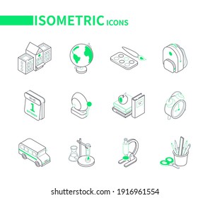 Back to school - line isometric icons set with green color accents. Education concept. Schoolbag, globe, brush and paints, calendar, alarm clock, supplies. Literature, biology and chemistry subjects