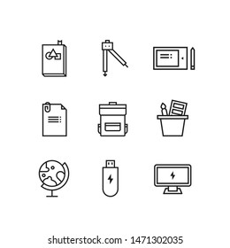 back to school lineal icon set include notebook, circus, tablet, sheet, bag, drawing equipment, globe, flash drive, screen