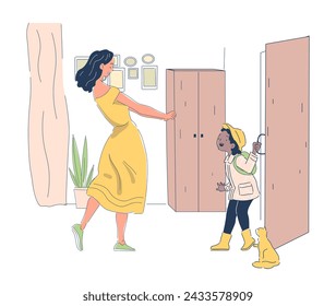 Back from school linear. Mother near door look at her girl. Woman meet her daughter. Education, learning and training. Simple flat vector illustraton isolated on white background