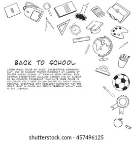 Back to School lineart background. Various school stuff - supplies for sport, art, reading, science, geography, biology, physics, mathematics and chemistry. Vector isolated over white background