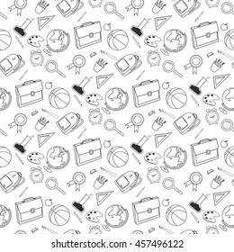 Back to School lineart seamless pattern. Various school stuff - supplies for sport, art, reading, science, geography, biology, physics, mathematics. Vector isolated over white background