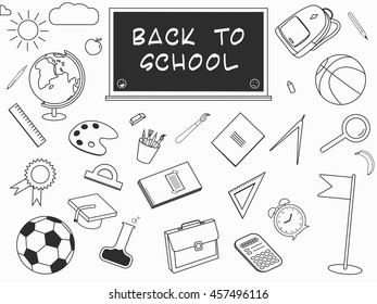 Back to School lineart set. Various school stuff - supplies for sport, art, reading, science, geography, biology, physics, mathematics, astronomy and chemistry. Vector isolated over white background