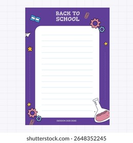 Back to School Lined Paper Template with Purple Border and Educational Supplies