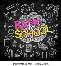 Back to School lined supplies collection. Sketchy notebook doodles set with lettering. Vector illustration design elements on black chalkboard