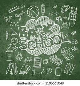 Back to School lined supplies collection. Sketchy notebook doodles set with lettering. Vector illustration design elements on green chalkboard