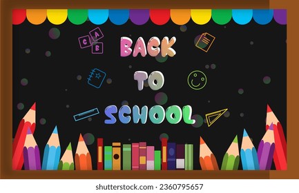 Back to School lined supplies collection,Books,paint, apple, calculator,pen,pencil, ruler. Education and study learning,Hand drawn school supplies,Vector illustration design elements on green chalkb