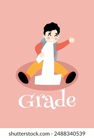 Back to school. Little Boy With Backpack Sitting And Holding On To Big Number One. Template for design. Funny cartoon characters. Vector illustration.