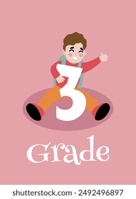 Back to school. Little Boy With Backpack Sitting And Holding On To Big Number three. Template for design. Funny cartoon characters. Vector illustration.