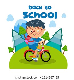 Back to School Little Boy with bicycle Cartoon Vector Template Design Illustration