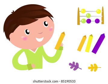 Back to school: Little boy with education items isolated on white Cute Little Boy with School accessories. Vector cartoon Illustration.