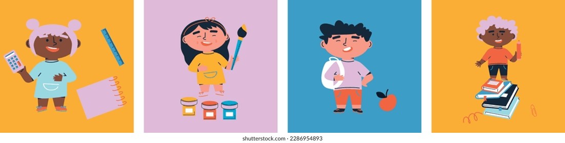 Back to school. Little boy and girl with School supplies. Cartoon flat vector illustration. Funny cartoon kids characters. Happy kids at school banner. 