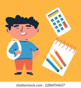 Back to school. Little boy with School supplies. Cartoon flat vector illustration. Funny cartoon kids characters. Happy kids at school banner. 