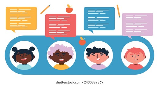 Back to school. Little boys and girls with School supplies. Cartoon flat vector illustration. Funny cartoon kids characters. Happy kids at school banner.