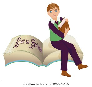 Back to school  Little school boys with old book,  vector illustration