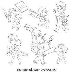 Back to school. Little children holding big school stationery. Set. Notebook and pen. Pencil and ruler. Scissors. Calculator. Microscope. Funny cartoon character. Coloring book