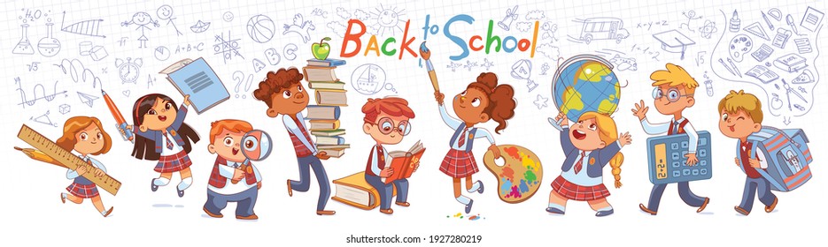 Back to school. Little children holding big school stationery. Long banner. Baby scribbles on the wall. Template for design. Funny cartoon characters. Vector illustration. Isolated on white background - Shutterstock ID 1927280219