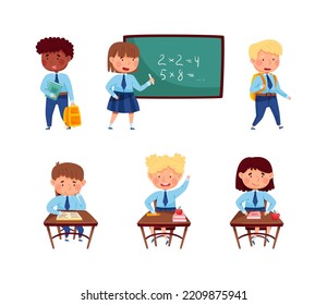 Back to school. Little children in uniform learning at school cartoon vector illustration