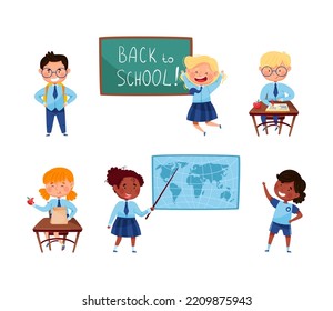 Back to school. Little children in uniform with school supplies
