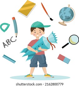 Back to school. Little cute boy with school supplies and schol coner. Vector illustration.