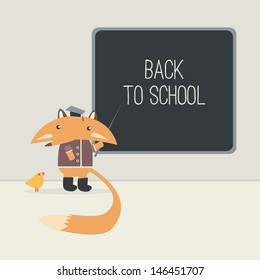 Back to school. Little fox at the blackboard teaching the little chicken