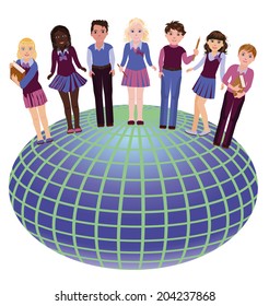 Back to school. Little school friends and globe, vector illustration