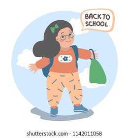 Back to school. Little girl with briefcase and bag in hands. Vector cartoon illustration. Isolated.