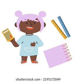 Back to school. Little girl with School supplies. Cartoon flat vector illustration. Funny cartoon kids characters. Happy kids at school banner. 