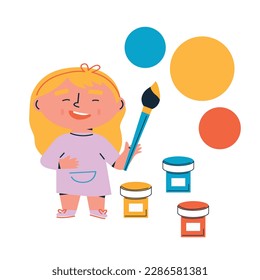 Back to school. Little girl with School supplies. Cartoon flat vector illustration. Funny cartoon kids characters. Happy kids at school banner. 