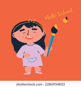 Back to school. Little girl with School supplies. Cartoon flat vector illustration. Funny cartoon kids characters. Happy kids at school banner. 