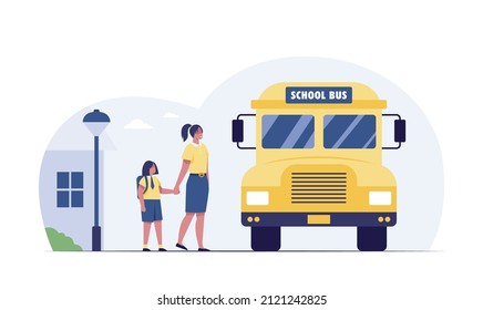 Back to school. Little girl with teacher waiting for bus at bus stop.