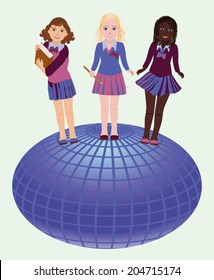 Back to school. Little school girls and globe, vector illustration