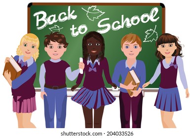 Back to School. Little Happy schoolchildren, vector illustration 