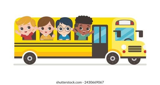 Back to School. little kids boy boarding a school bus. Children get on school bus.