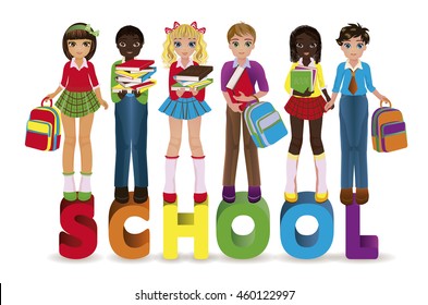 Back to School. Little schoolkids banner, vector illustration