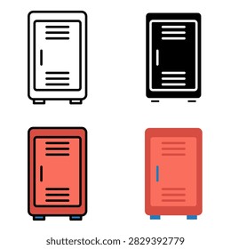 Back to school locker icon set featuring flat vector illustrations of metal storage cabinets for gym, classroom, or office security.