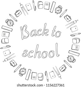 Back to school. Logo. Black and white. School supplies, alarm clocks, briefcases and satchels around the inscription. Vector.