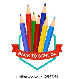 Back To School Logo with color pencils. Cartoon flat vector illustration. Objects isolated on a white background.