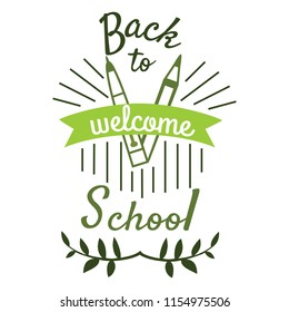 Back to school Logo element in green colors with ribbon pen pencil vector illustration. New schoolyear concept. Flat typography style design. Lettering badges isolated on white